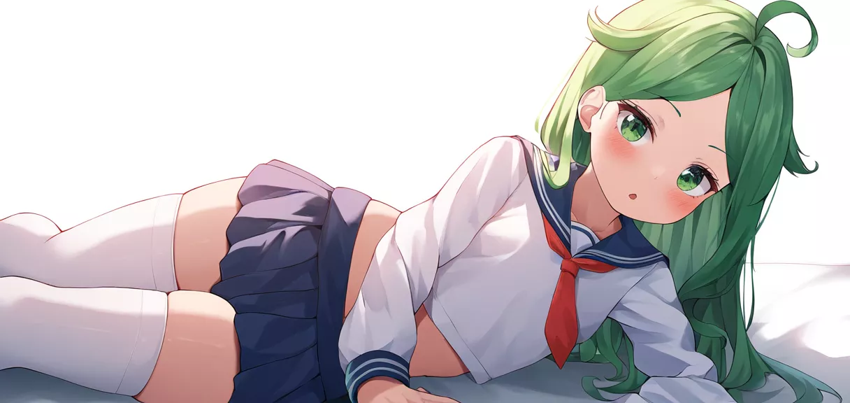 girl, sailor suit, green hair, ahoge, bangs, long hair, green eyes, loli, small .webp