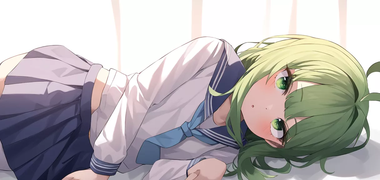 girl, sailor suit, green hair, ahoge, bangs, long hair, green eyes, loli, small .webp